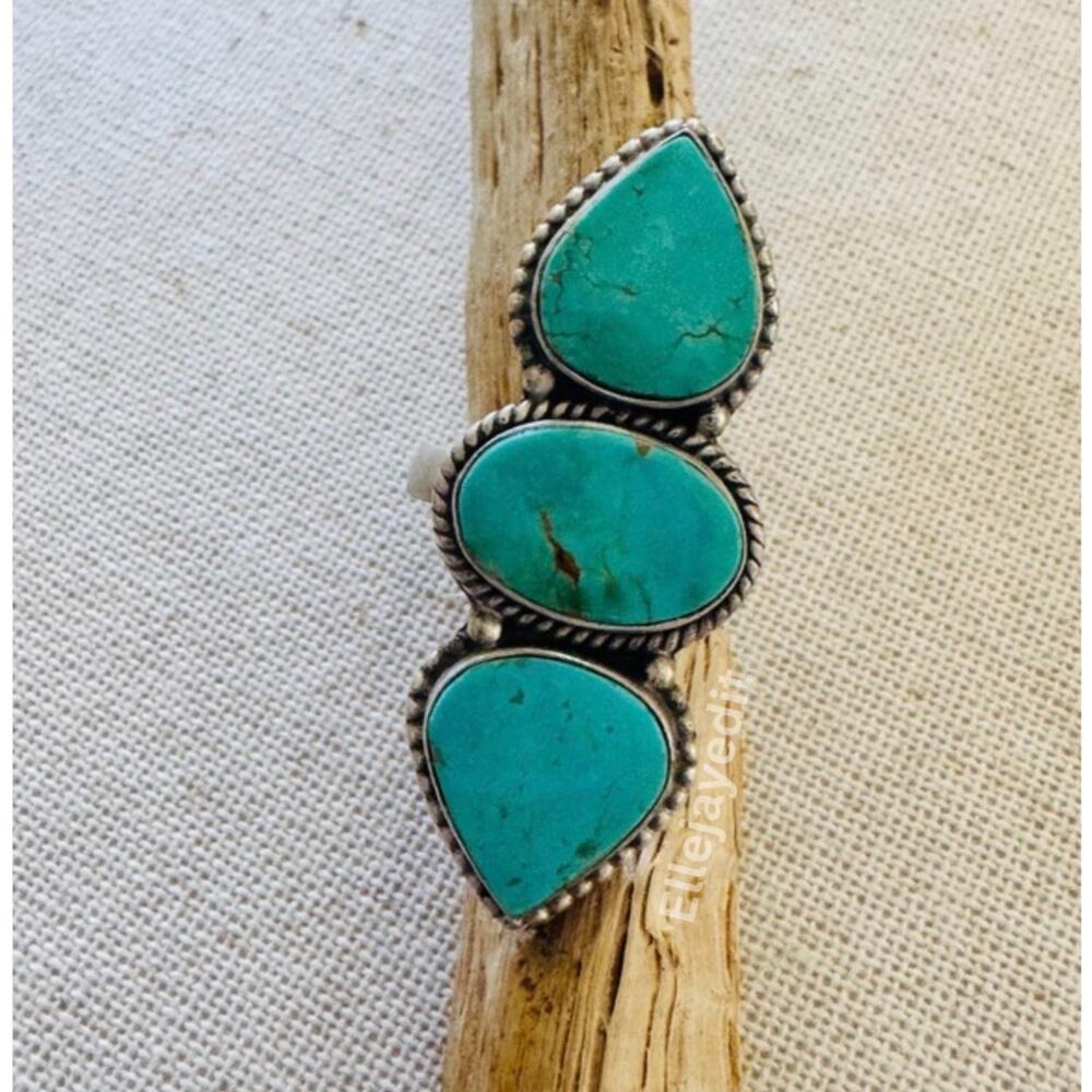 Royston Ribbon Turquoise Triple Stone Antique Sterling Silver Adj Ring NWT